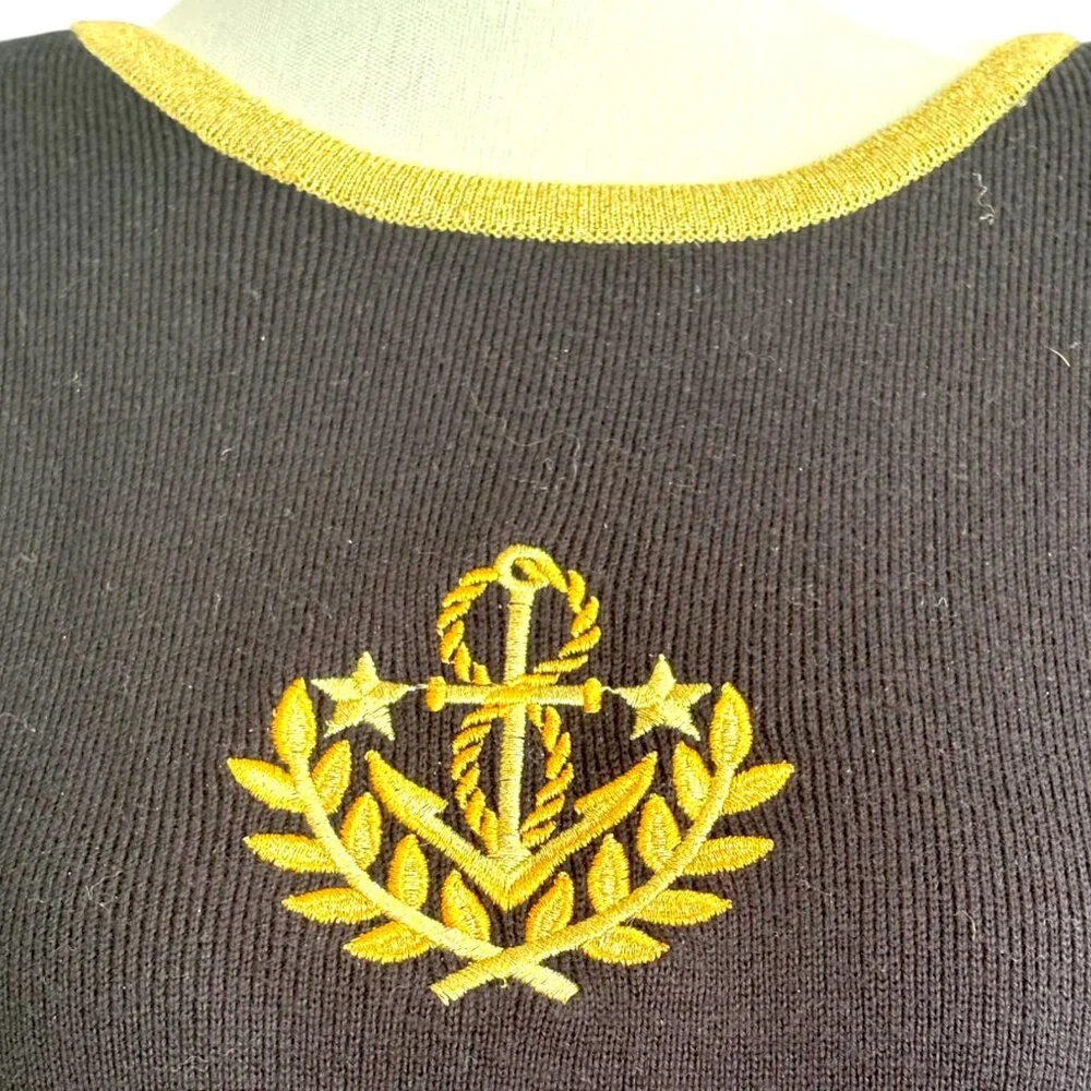 Casual Corner Vintage Nautical Anchor Crest Sweater Black Gold Metallic Womens M